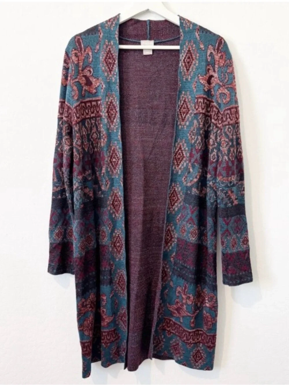 Chico’s Tapestry Jacquard Knit Duster Open‎ Front Cardigan Sweater Boho Medium